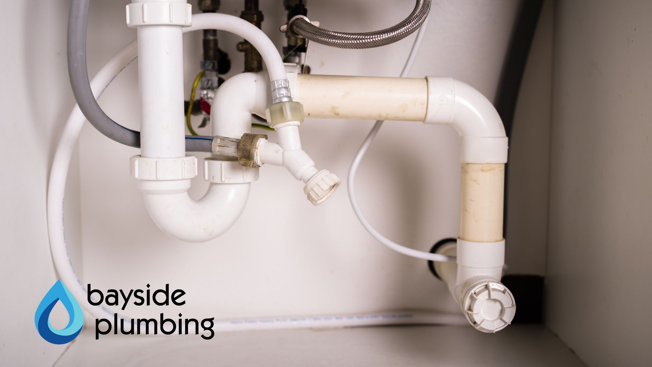 Plumbing pipes under a kitchen sink repaired by residential plumbers in Baldwin County AL