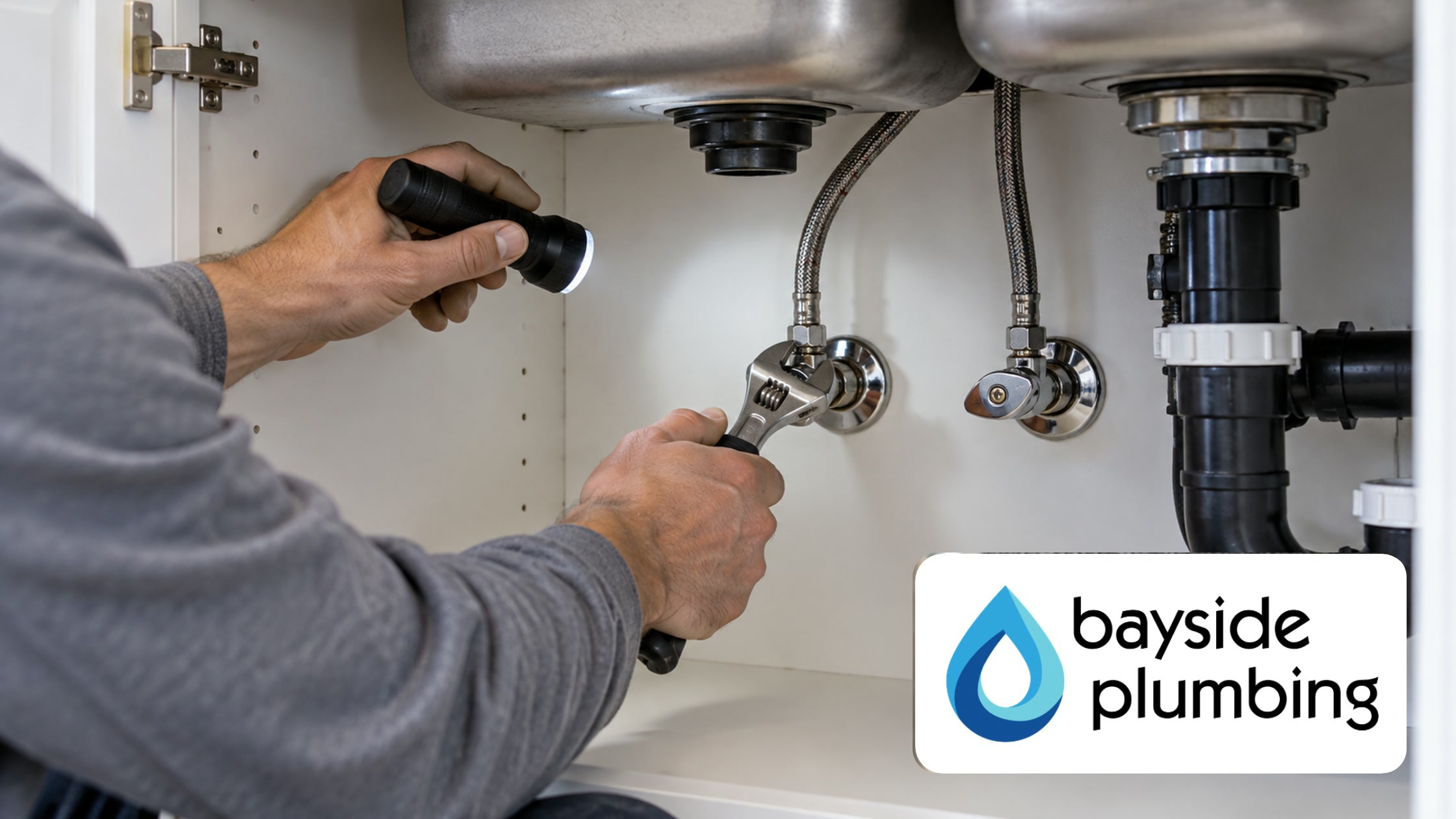 Bayside Plumbing professional checking under-sink plumbing with a flashlight and wrench